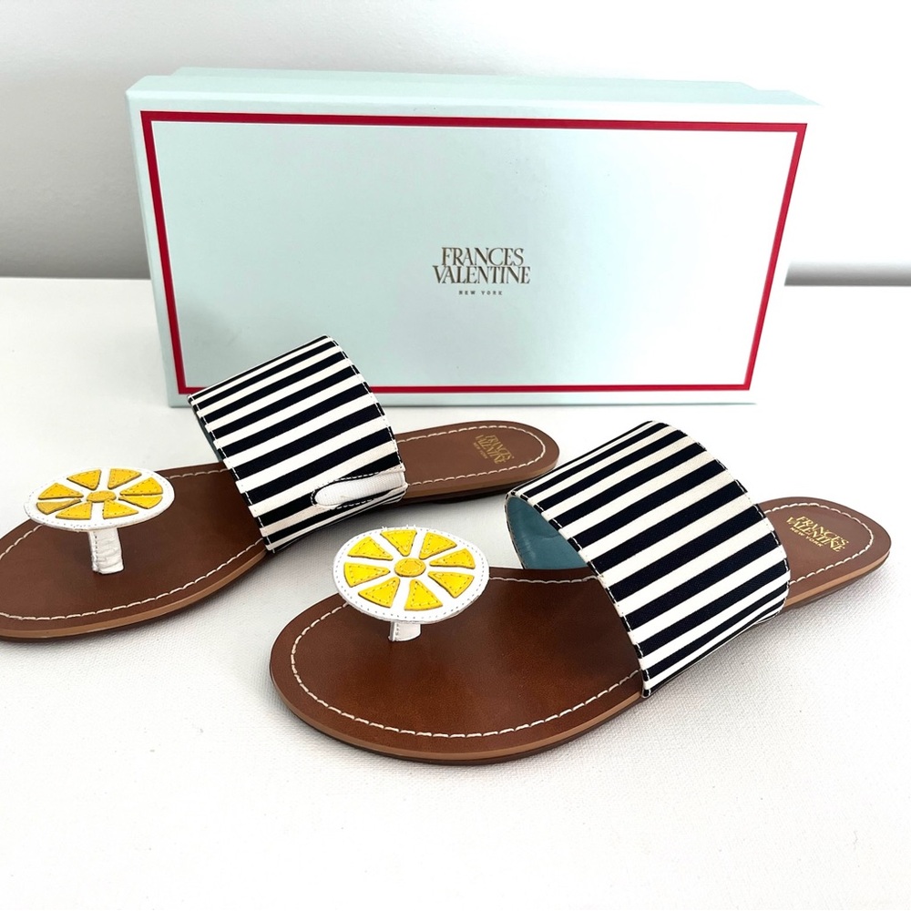 Frances Valentine Clementine Black and White Striped Sandals with Lemon Accent